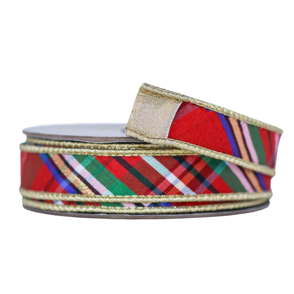 Nutcracker Diagonal Plaid Ribbon with Gold Backing