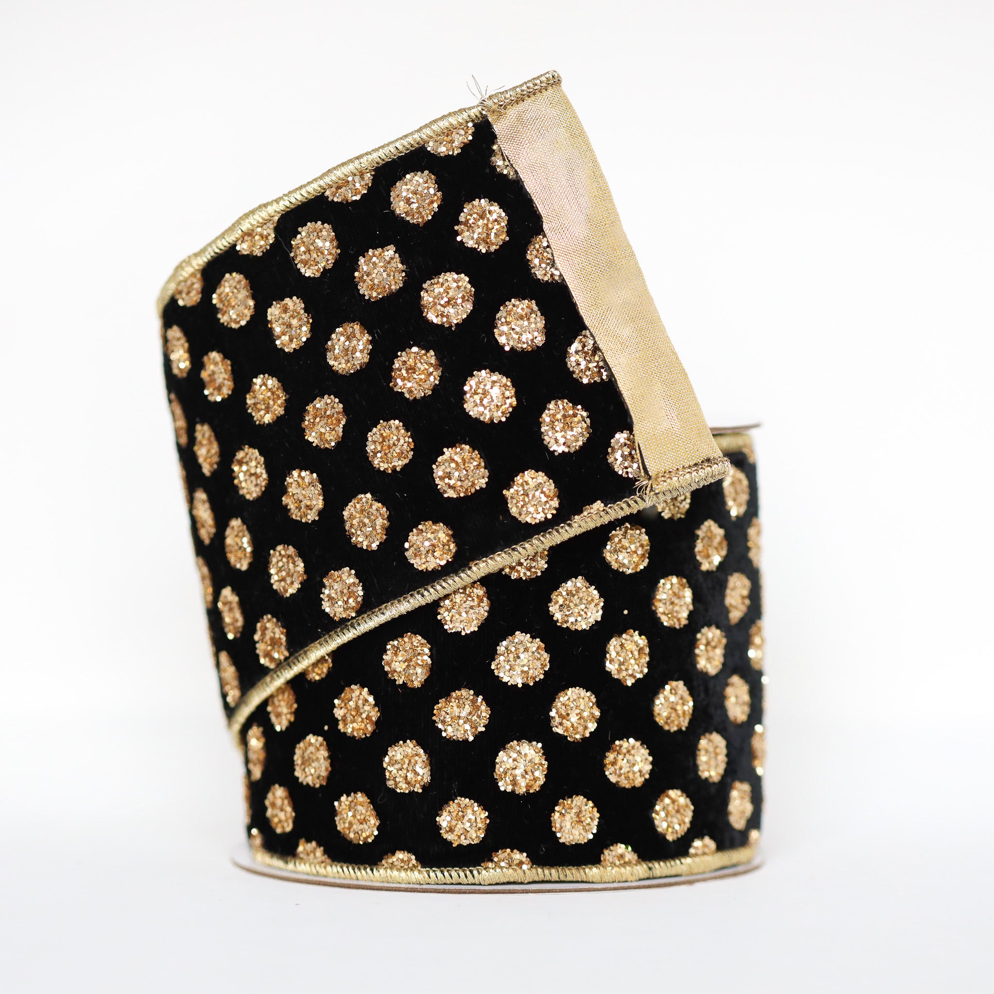 Golden Glitter Dots on Black Plush Velvet Ribbon