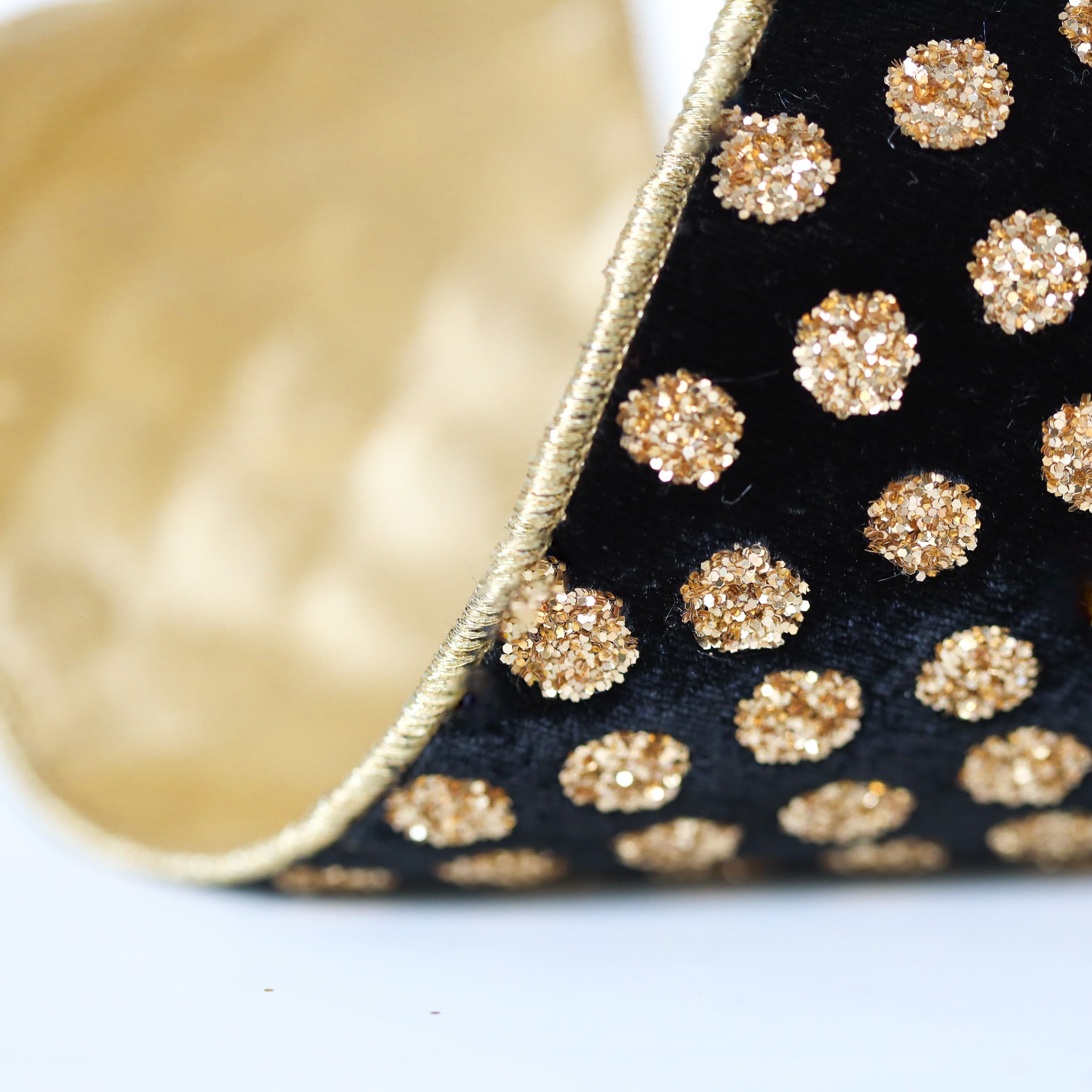 Golden Glitter Dots on Black Plush Velvet Ribbon