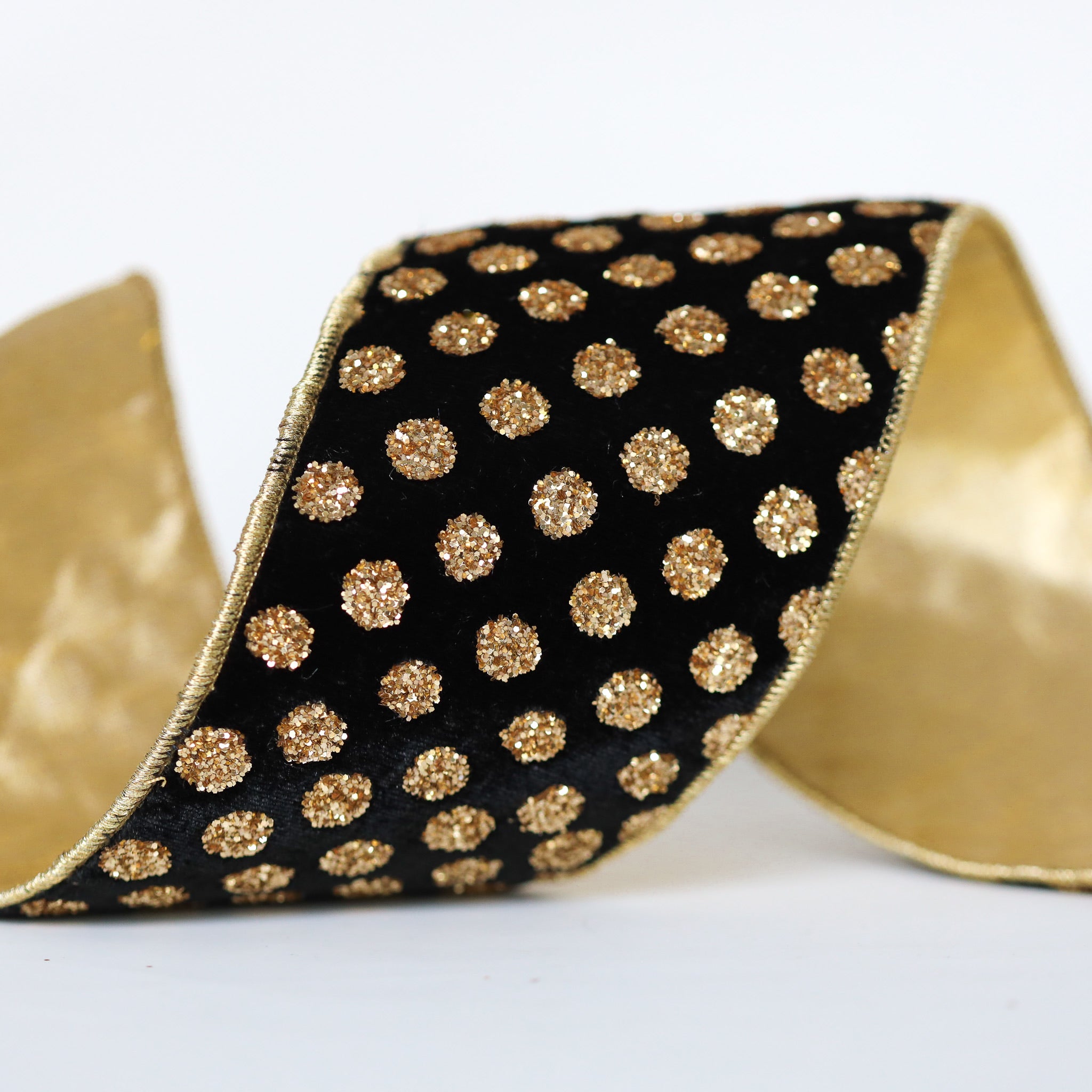 Golden Glitter Dots on Black Plush Velvet Ribbon