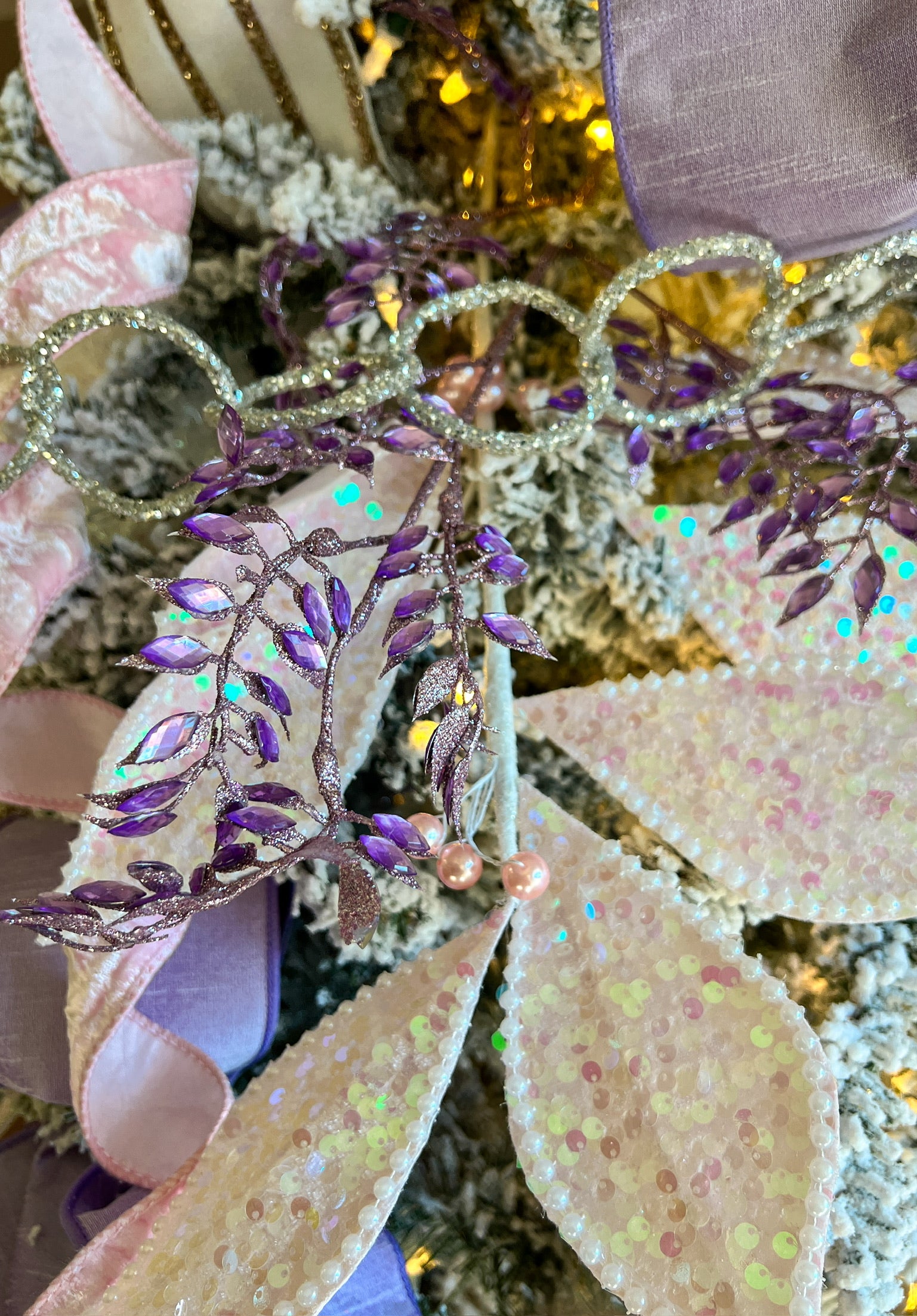 Pink Iridescent Leaf Sprig with Faux Pearls