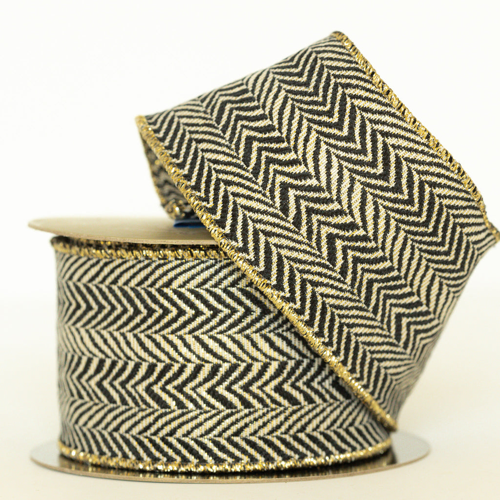 Black and Ivory Chevron Ribbon with Gold Trim