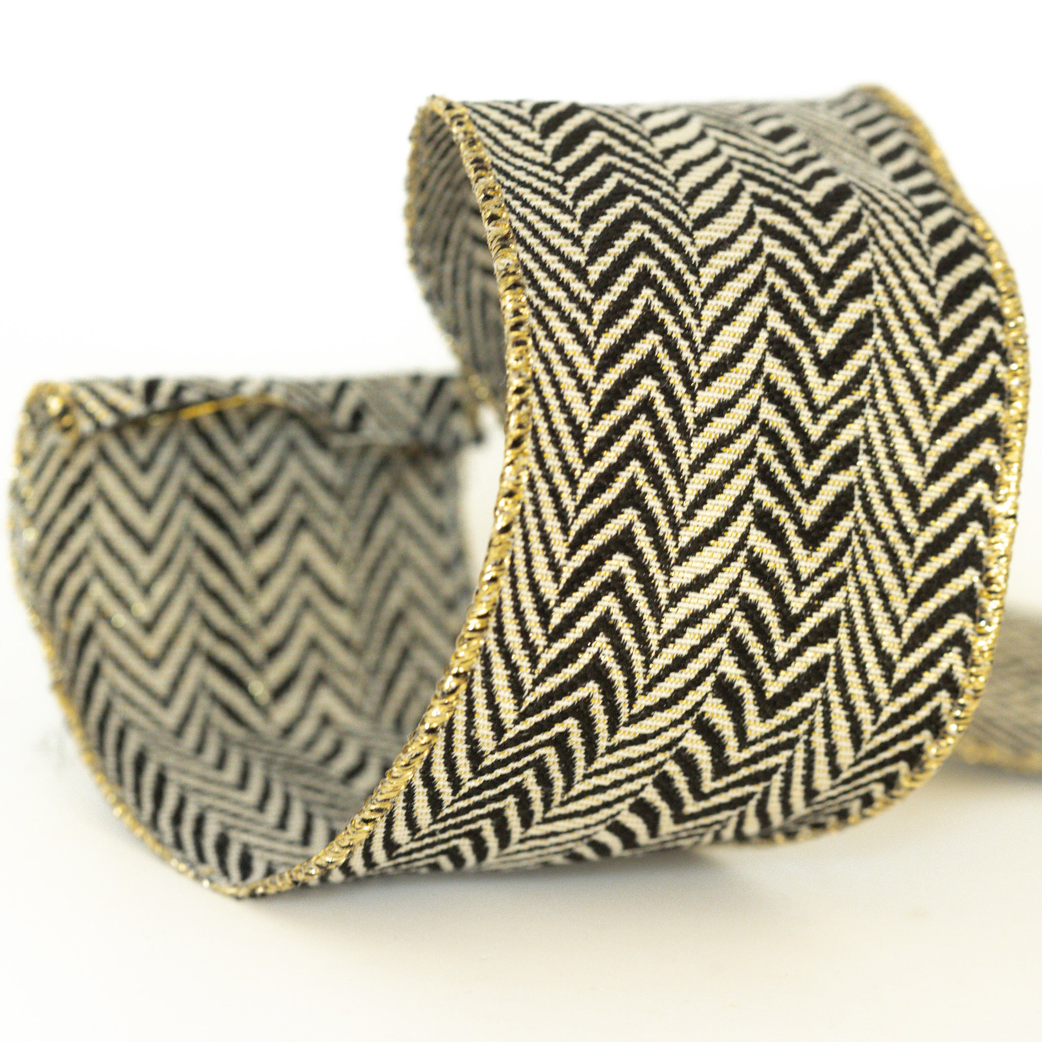 Black and Ivory Chevron Ribbon with Gold Trim