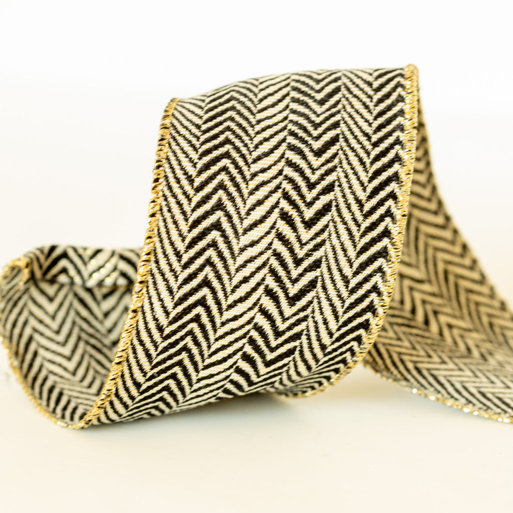 Black and Ivory Chevron Ribbon with Gold Trim