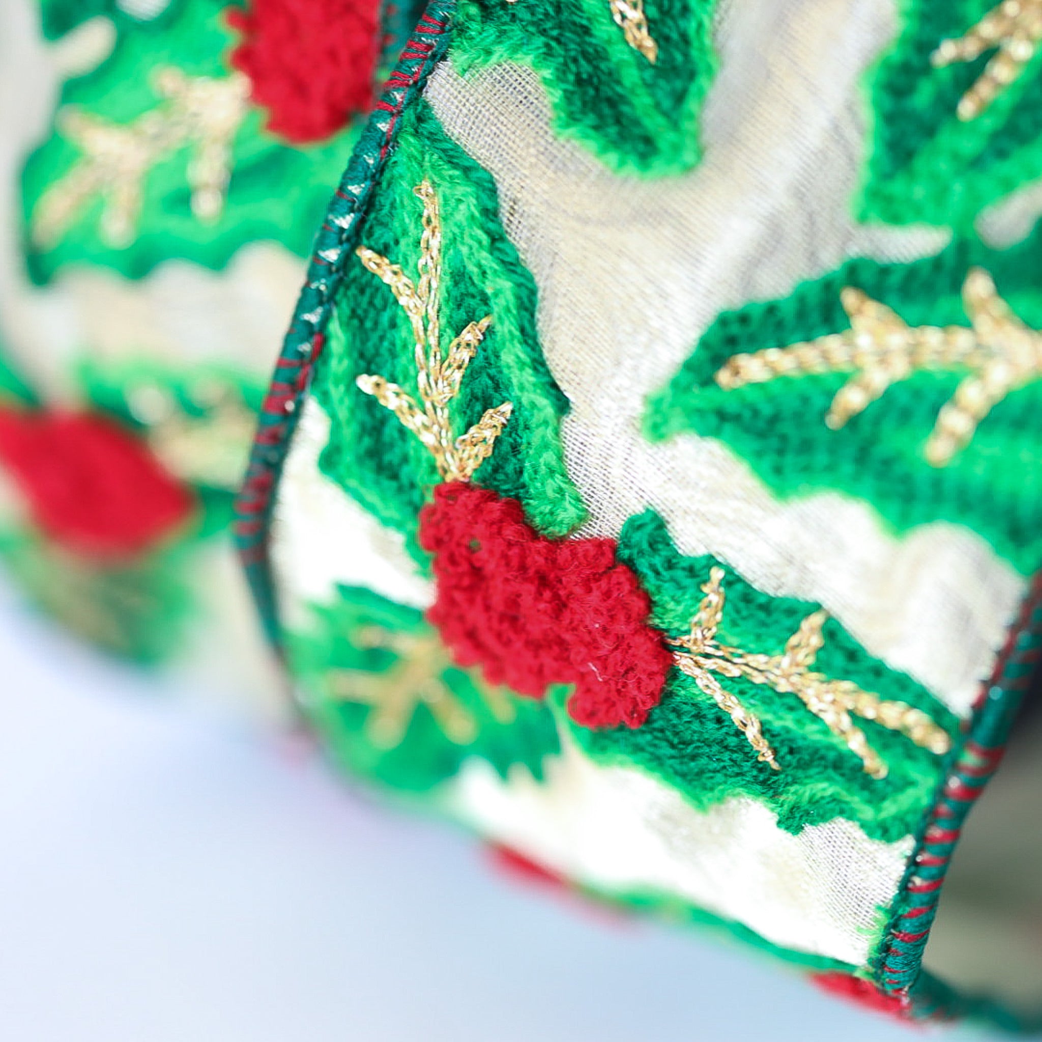 Embroidered Holly Leaves Ribbon