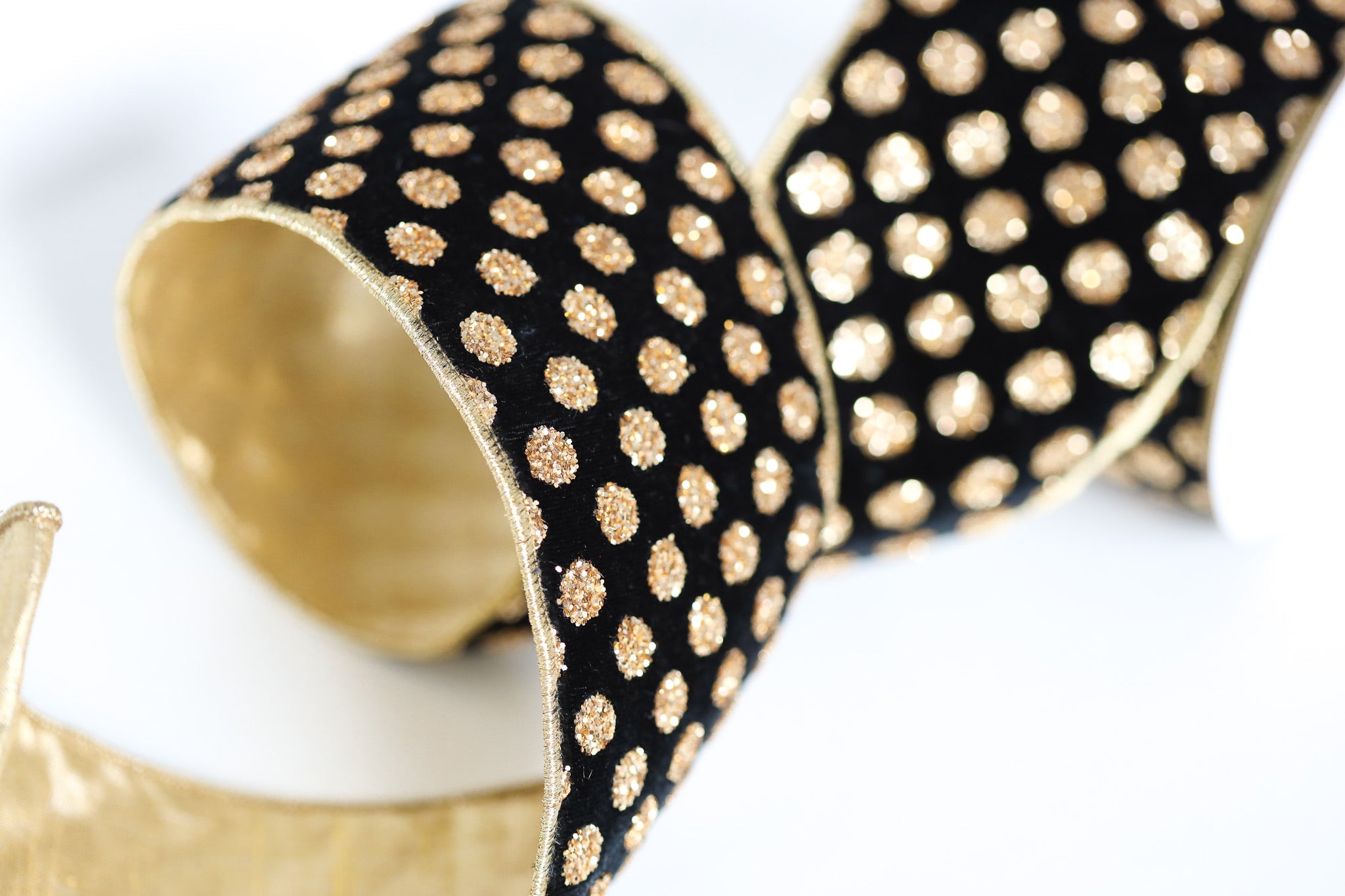 Golden Glitter Dots on Black Plush Velvet Ribbon