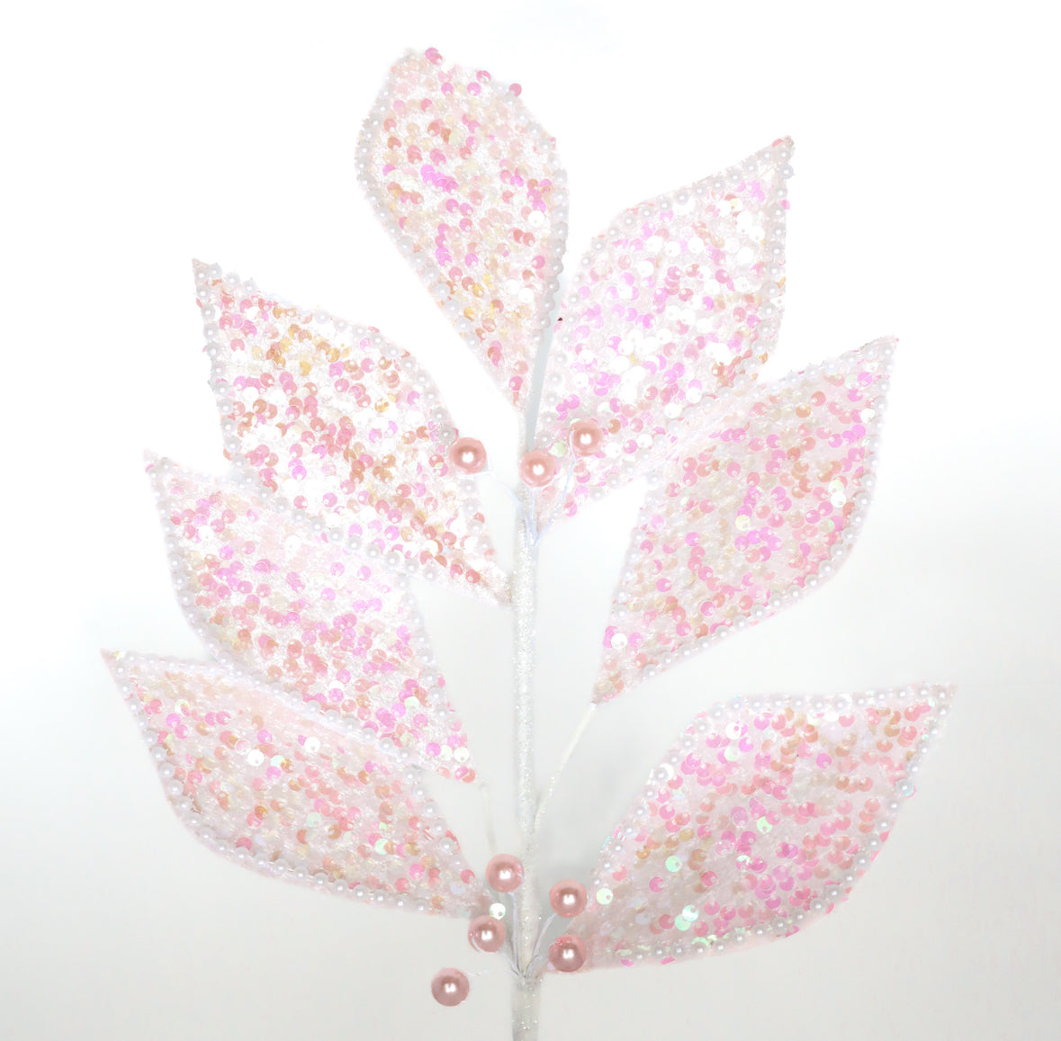 Pink Iridescent Leaf Sprig with Faux Pearls