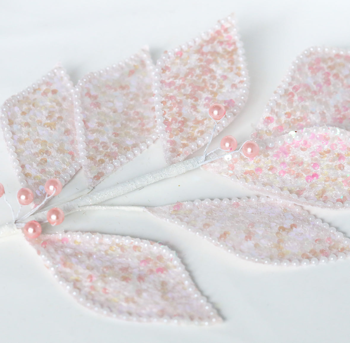 Pink Iridescent Leaf Sprig with Faux Pearls