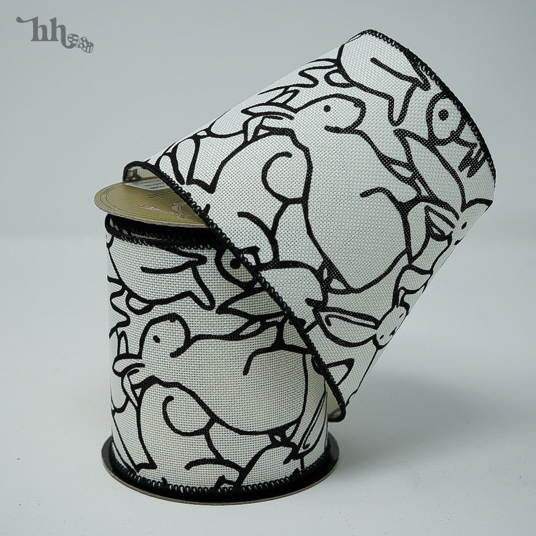 Black and White Linen Ribbon with Rabbits