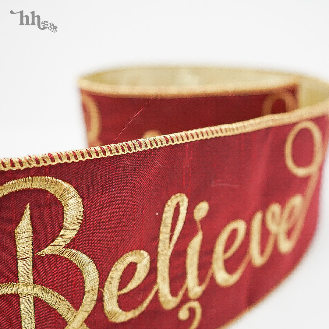 Burgundy with Gold "Believe" Embroidered Ribbon