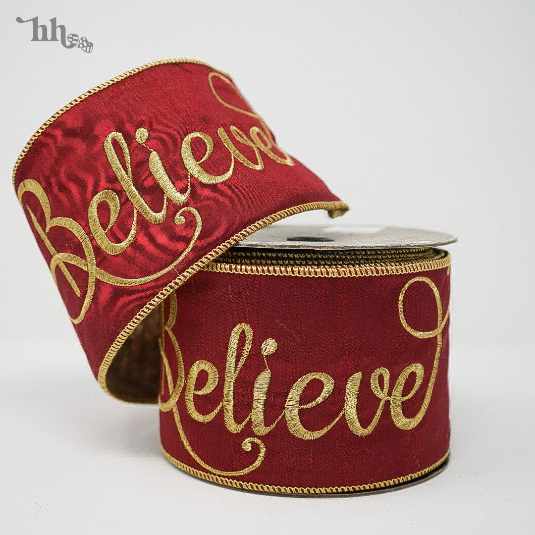 Gold Believe Embroidered on Burgundy Ribbon – Hello Holidays