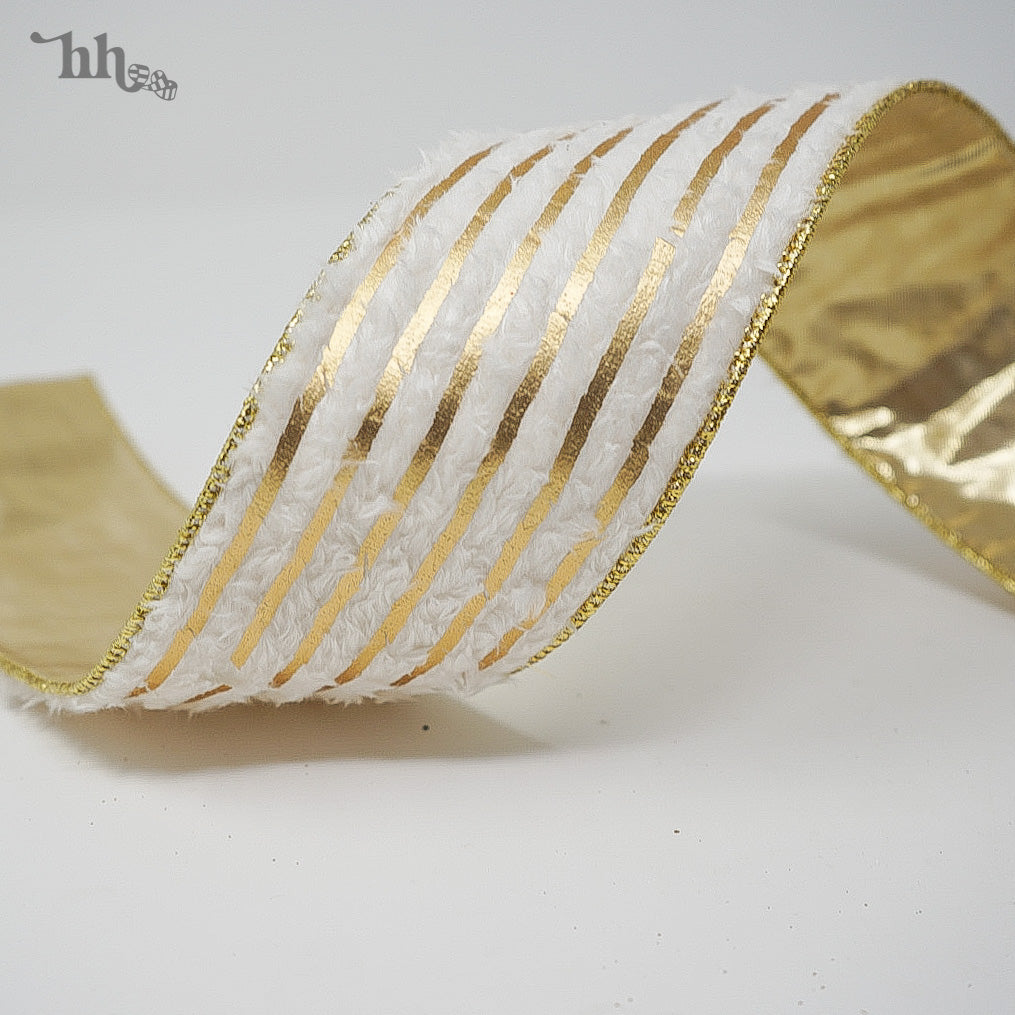 Ivory Fur with Metallic Gold Stripe Ribbon