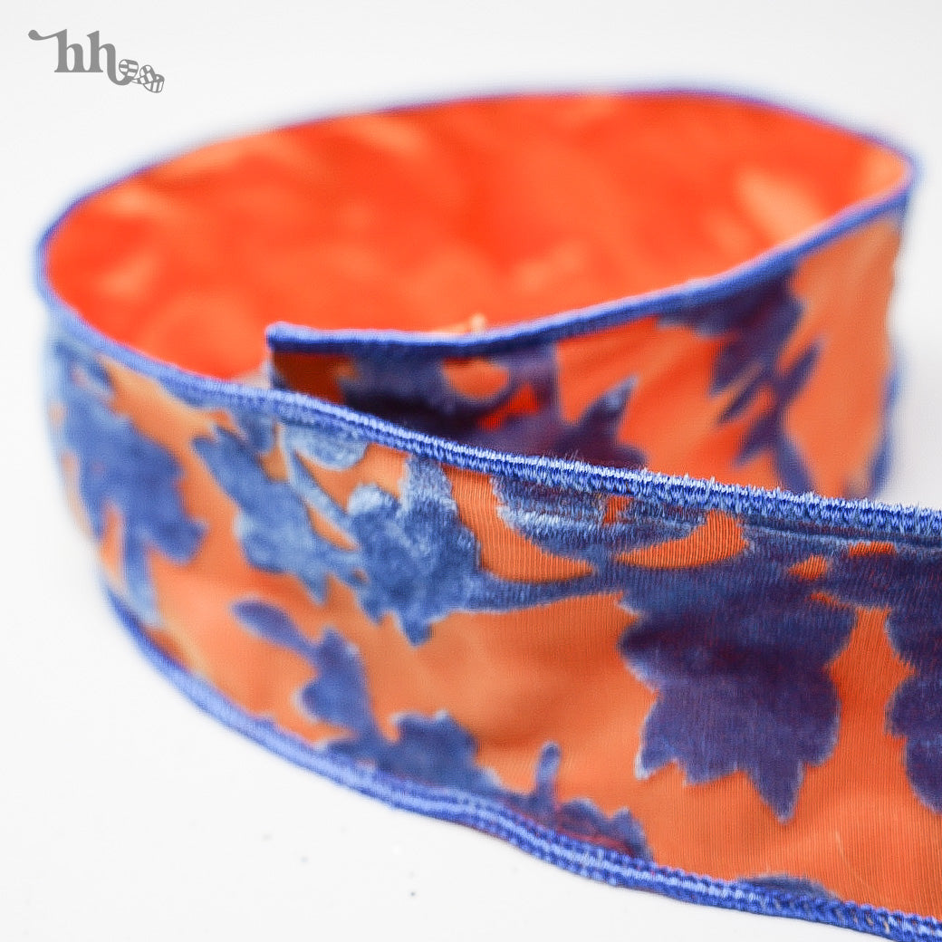 Orange with Blue Floral Sheer Ribbon - LIMITED STOCK