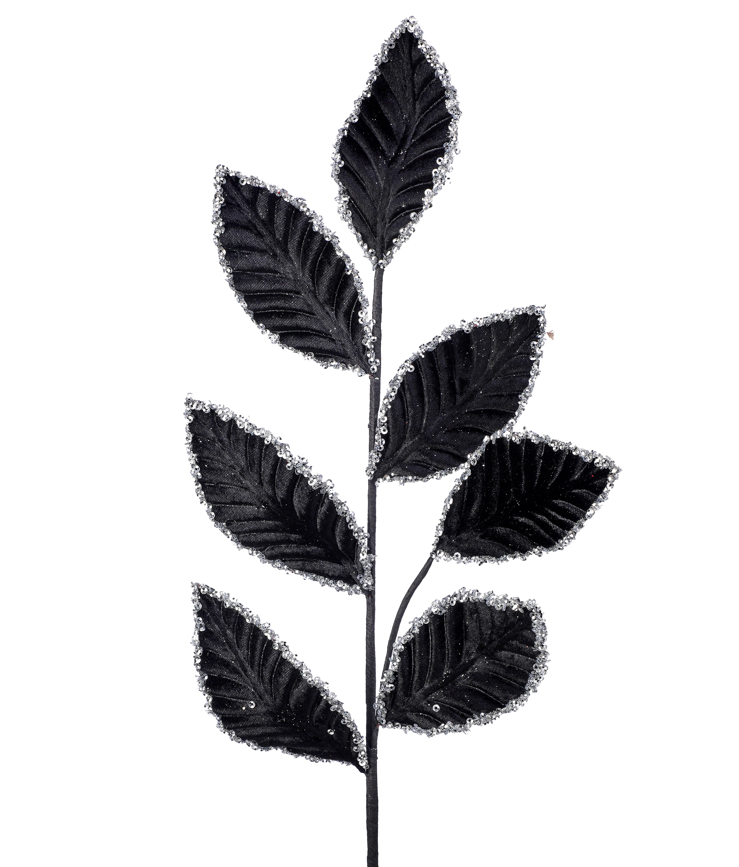 Black and Silver Sequined Edge Opulent Leaf Sprig