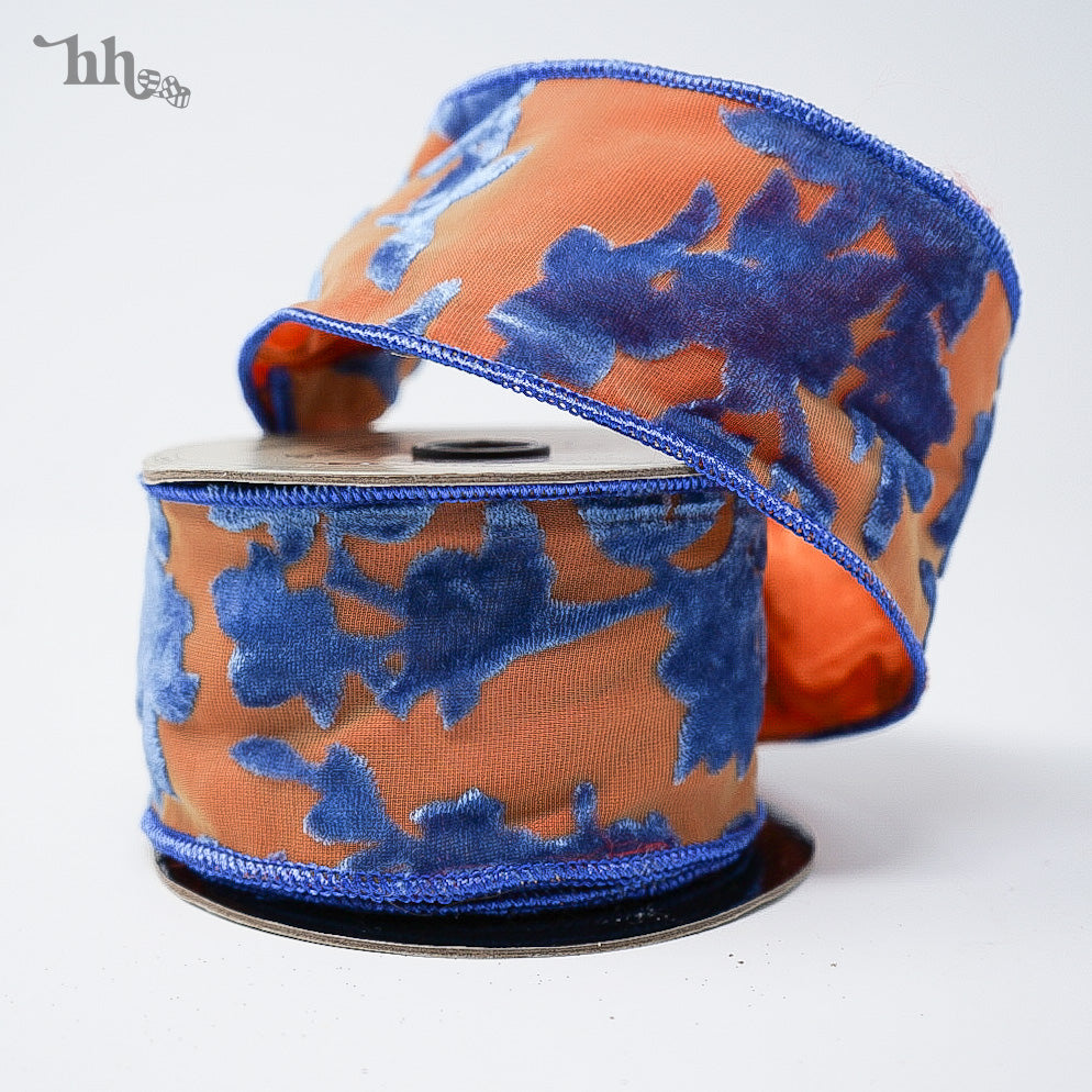 Orange with Blue Floral Sheer Ribbon - LIMITED STOCK