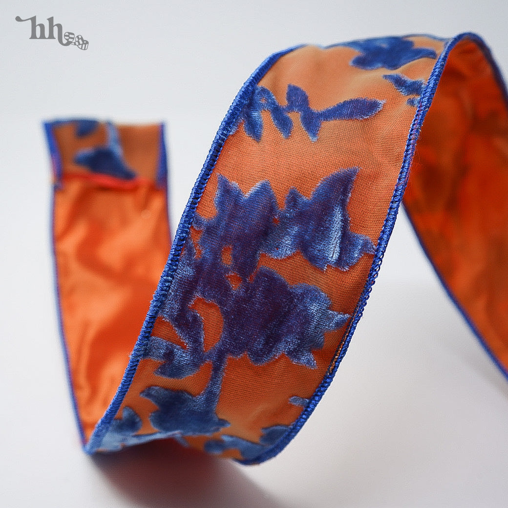 Orange with Blue Floral Sheer Ribbon - LIMITED STOCK